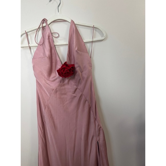 Bardot Aradia Pink Silk Halter Neck Maxi Dress Red Rose Accent - Picture 6 of 9
